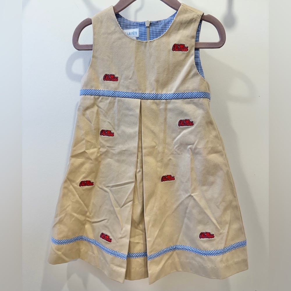 VIVE LA FETE OLE MISS Toddler Embroidered Khaki Jumper Dress